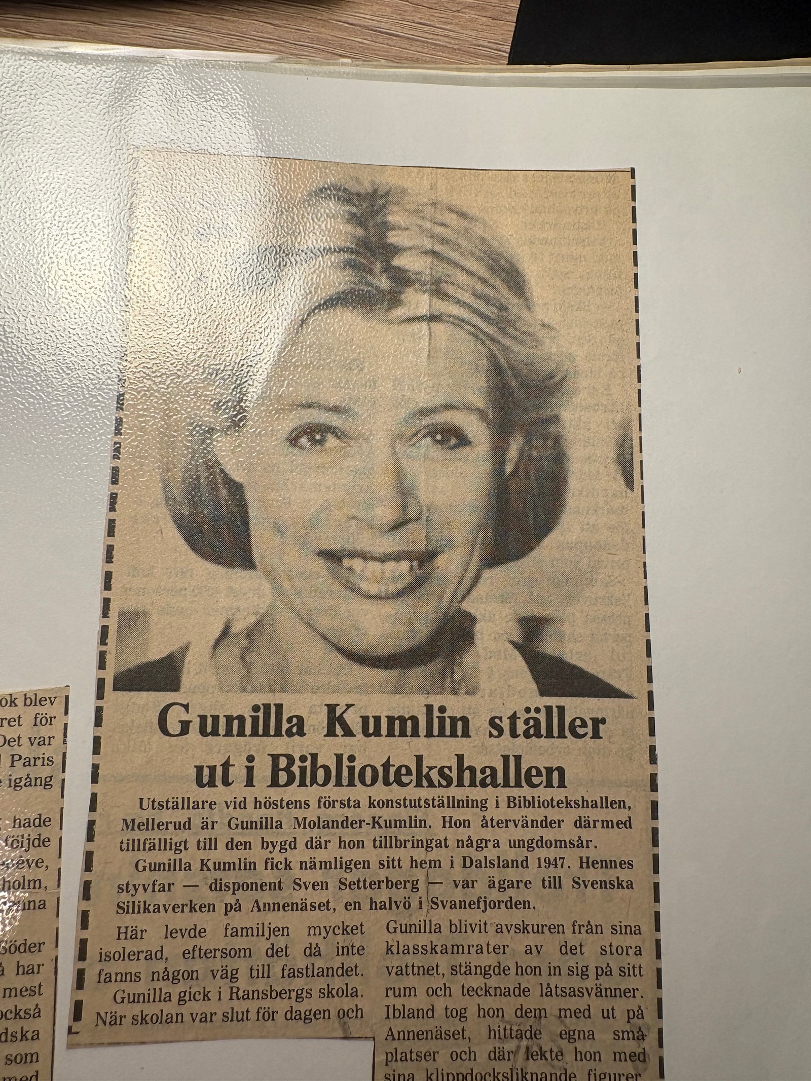Äldre tidningsporträtt av Gunilla inför en utställning i Mellerud